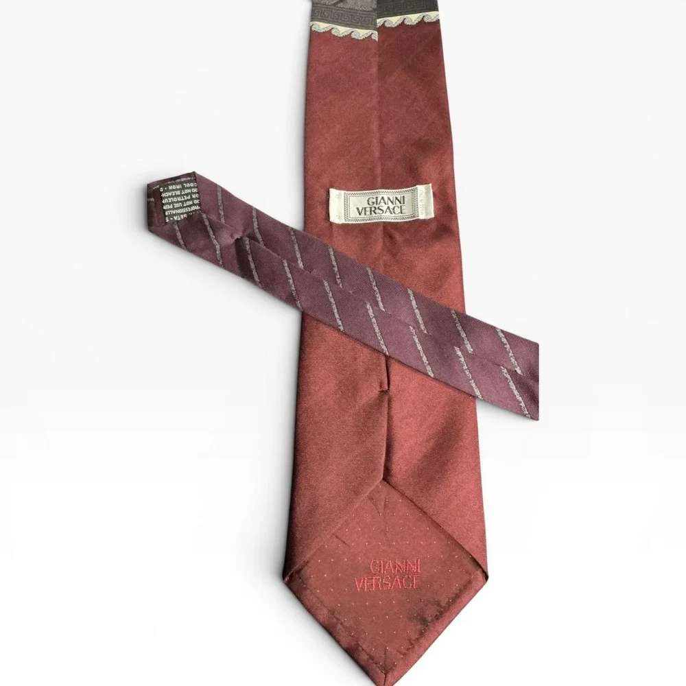Versace Vintage Silk Tie Medusa Greek Key Burgundy Striped Italy 90s